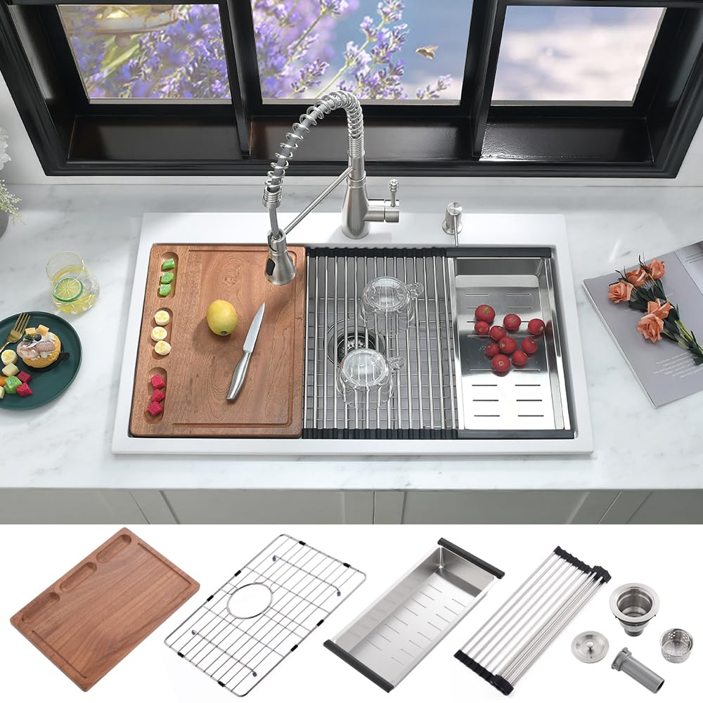 Photo 1 of 33 Inch White Drop In Kitchen Sink Worktation-iAnomla 33x19 Kitchen Sink Drop-in Top mount Workstation Kitchen Sink White Granite Composite Sink Deep Single Bowl Kitchen Sink with Cutting Board