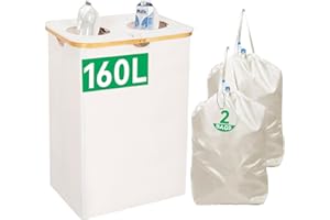 Chrislley 160L Recycling Bin for Kitchen, Double Recycle Bin with 2 Removeable Reusable Liner Bag, 42 Gallon Large Recycling Bin with Lid for Bottle Can Glass Waste Plastice Stickers,Beige