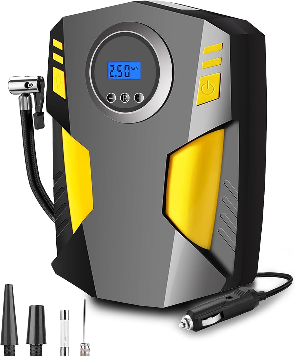 CLUHERTVY Digital Tyre Inflator Portable Air Compressor 12V with 3 Nozzles LED