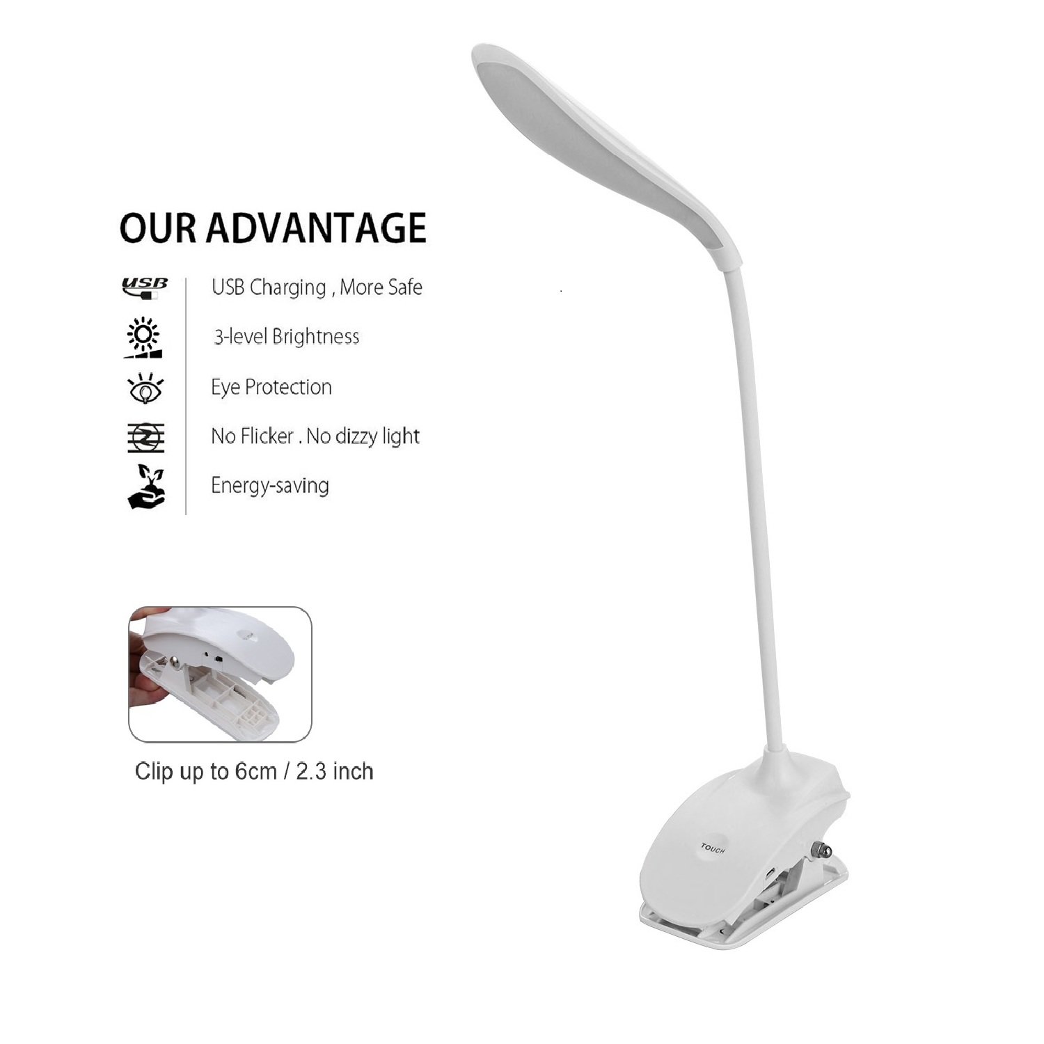 Lámpara de Escritorio LED con Pinza, LED Lámpara USB Etmury Pinza Plegable Regulable y Táctil Luz de Mesa, Lámpara de Escritorio Luz LED Regulable - Blanco [Clase de eficiencia energética A++]