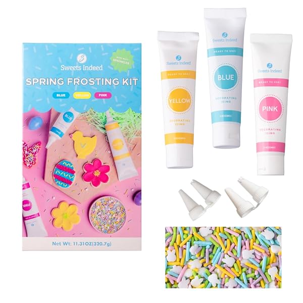 SWEETS INDEED FROSTING KIT PLUS SPRINKLES FROSTING TUBES NOZZLES 11.71 OUNCES PERFECT FOR BAKING AND COOKIE DECOARTING (SPRING)