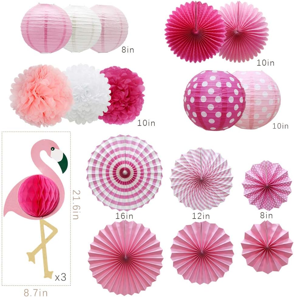 Meiduo Tropical Flamingo Party Honeycomb Decoration, Hawaiian Summer Party Supplies for Adults Kids Birthday Bridal Shower with Flamingo Paper Fans Pom Poms Flowers Paper Lanterns (Pink): Home Improvement