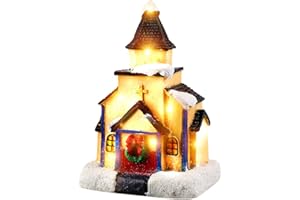 EUBUY Christmas Snow Village House, Resin LED Light up Christmas Village House for Xmas Tree Home Table Decors Christmas Decor
