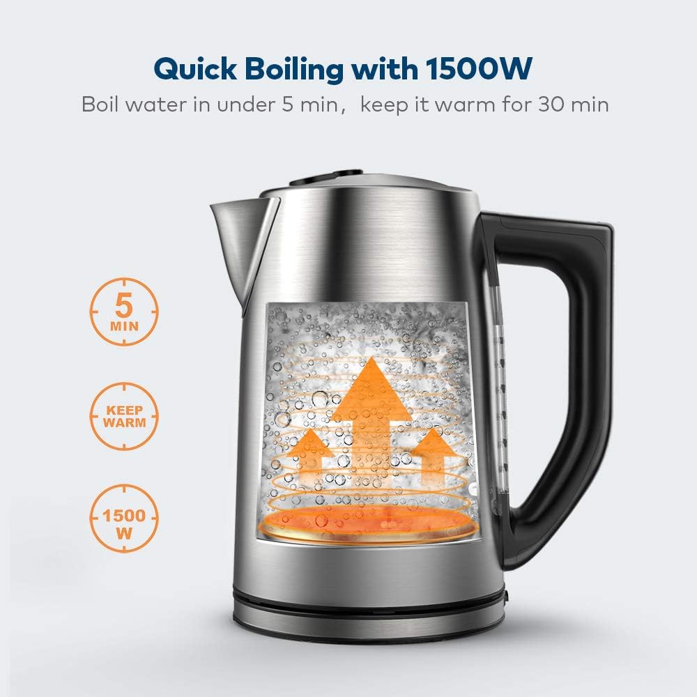 Miroco Electric Kettle Temperature Control Stainless Steel 1.7 L Tea Kettle, BPA-Free Hot Water Boiler Cordless with LED Light, Auto Shut-Off, Boil-Dry Protection, Keep Warm, 1500W Fast Boiling, 120V (Silver): Kitchen & Dining