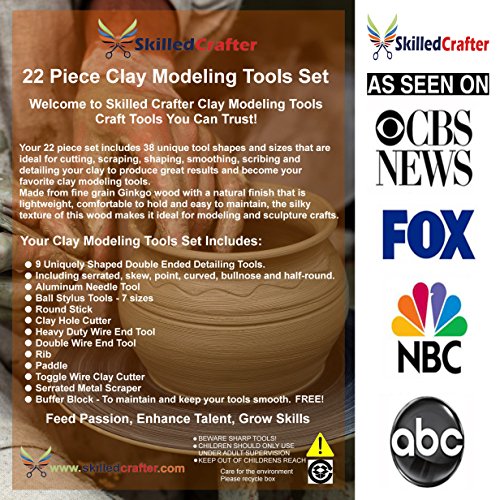 Skilled Crafter Clay Tools Set. Premium Quality Detailing, Modeling, Sculpting & Pottery Wheel Tools. 22 Piece Wood/Metal Kit. Free Sponge! Deluxe Set Best for Potters/Artists of Ceramic, Sculpey etc