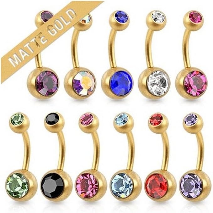 Double Jeweled Navel Ring Matte Gold IP Over 316L Surgical Steel