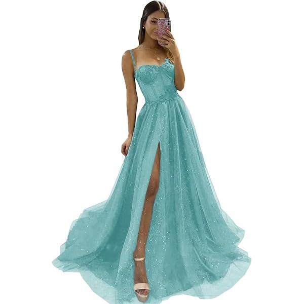 WIOJEIGO Prom Dresses Long 2023 Spaghetti Straps Glitter Tulle Flowers Evening  Party Gowns with Slit Aqua Blue US2 at Amazon Women's Clothing store