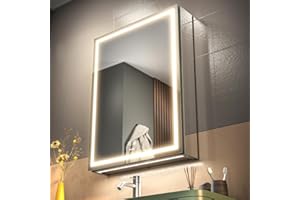 GANPE LED Lighted Bathroom Medicine Mirror Cabinet with Single Door Defog, Stepless Dimming, Memory 3 Colors Mode, Memory She