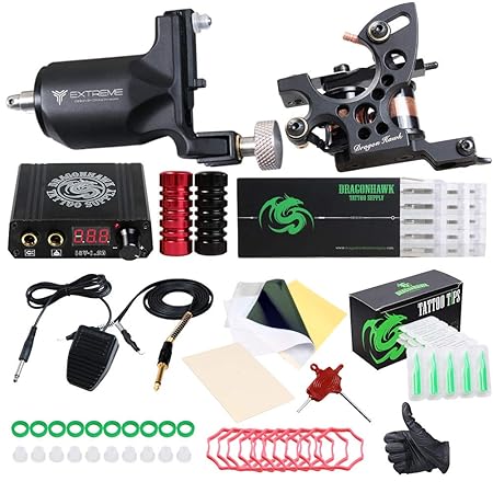 Dragonhawk Extreme Tattoo Kit 2 Pro Tattoo Machines Rotary Machine Coil Gun Power Supply Disposable Needles Tip Foot Pedal EU