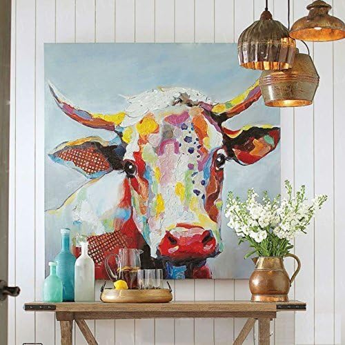 Paintings - Colorful Cow Paintings Canvas Wall Art Animal Paintings Handmade Texture Oil Paintings 3D Cow Pictures American Country Style Wall Decor for Living Room Bedroom Modern Art Work Wooden Framed 32x32inch