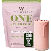 VitaHustle ONE Vegan Protein Powder, Strawberry, 15 Servings | Meal Replacement Shake, 20g Plant Protein Meal Replacement, 86+ Superfoods &amp; Greens, Probiotics+, No Dairy, No Gluten