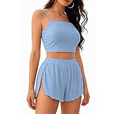 OYOANGLE Women's 2 Piece Pajama Set Ribbed Knit Cami Crop Top and Side Split Shorts Set Pjs Sleepwear