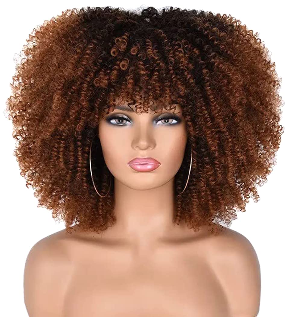 Afro Bomb Curly Wigs for Black Women Short Afro Kinky Curly Wig with Bangs 14inch Natural LookIng Ombre Brown Synthetic Heat Resistant Full Curly Wig