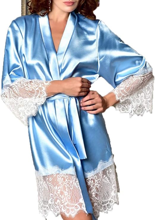 Women's Satin Silk Lace 3 4 Sleeves V Neck Babydoll Feast Clothing Sleepwear Robe Sleep Dress