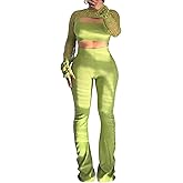 Inroserm Women 3 Piece Knit Outfits Matching Sets Long Sleeve Crochet Tops Crop Tank Top Flared Pants Lounge Set