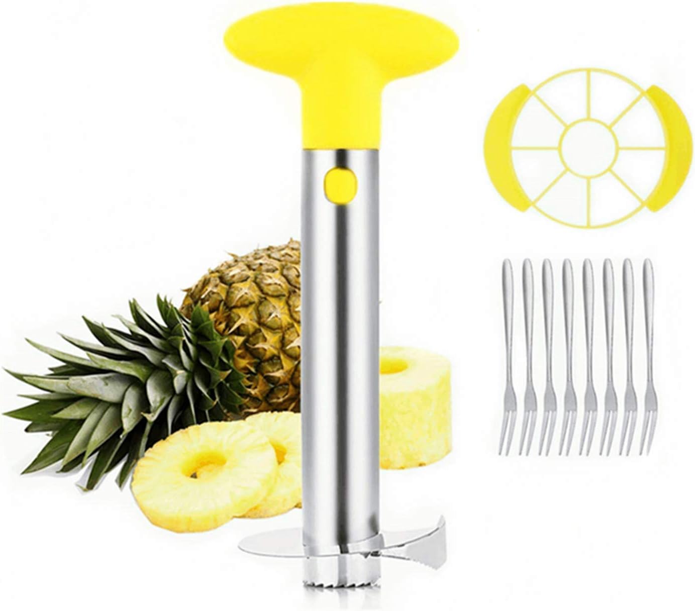 Pineapple Corer Cutter Slicer Peeler, GIPTIME Stainless Steel Pineapple Tools, Easy To Use and Clean, Dishwasher Safe, 8 Fruit Forks As Bonus, Yellow