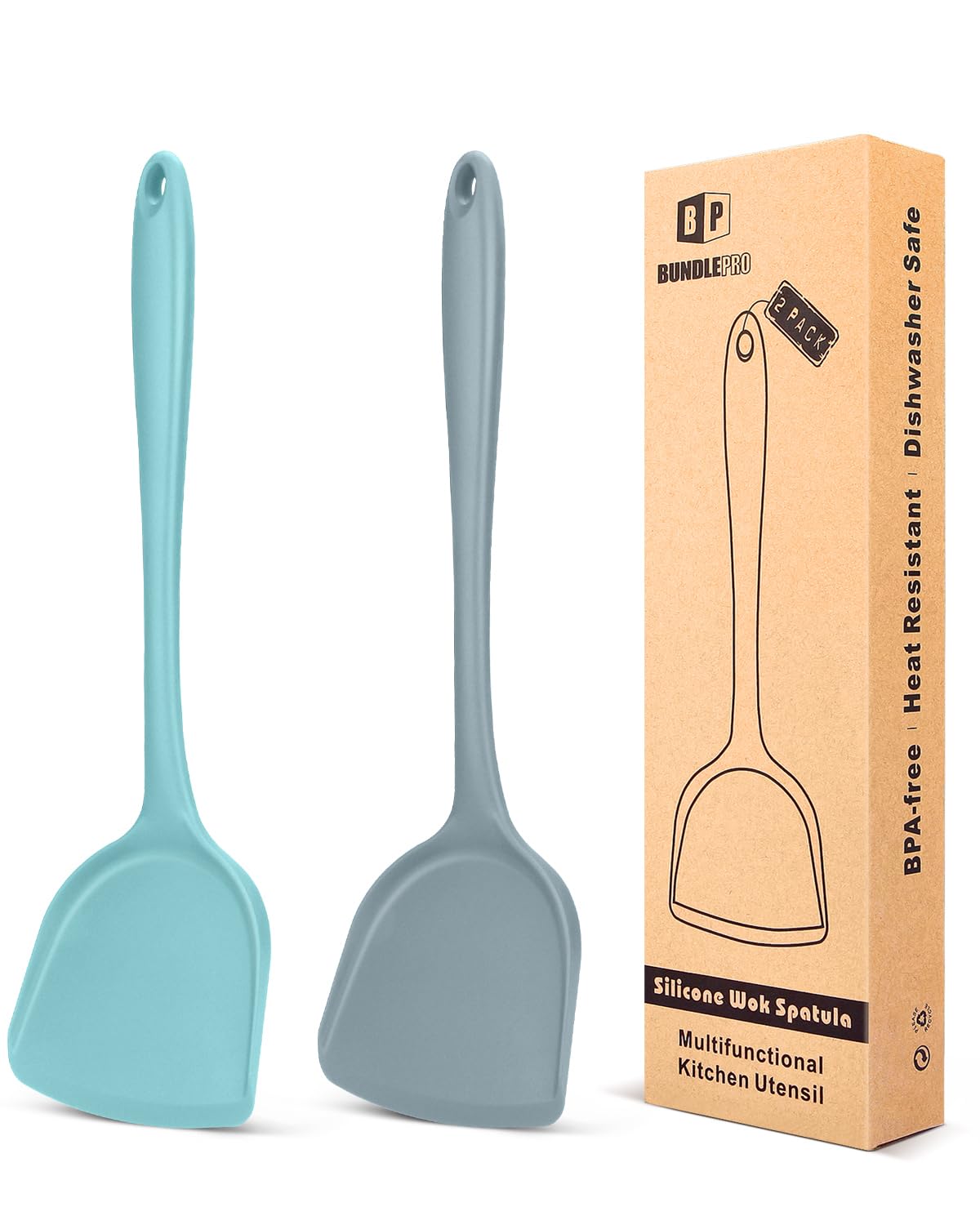 Pack of 2 Silicone Wok Spatula, Non-Stick, Heat Resistant, Easy to Clean and Dishwasher Safe, Seamless Kitchen Utensil for Cooking, Baking, Stir-Fry