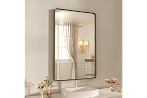 WEER 22x30 Inch Bronze Bathroom Mirror for Vanity, Brushed Bronze Metal Frame Mirror for Wall, Rounded Rectangle Bronze Frame Mirror with Tempered Glass, Anti-Rust (Horizontal/Vertical)