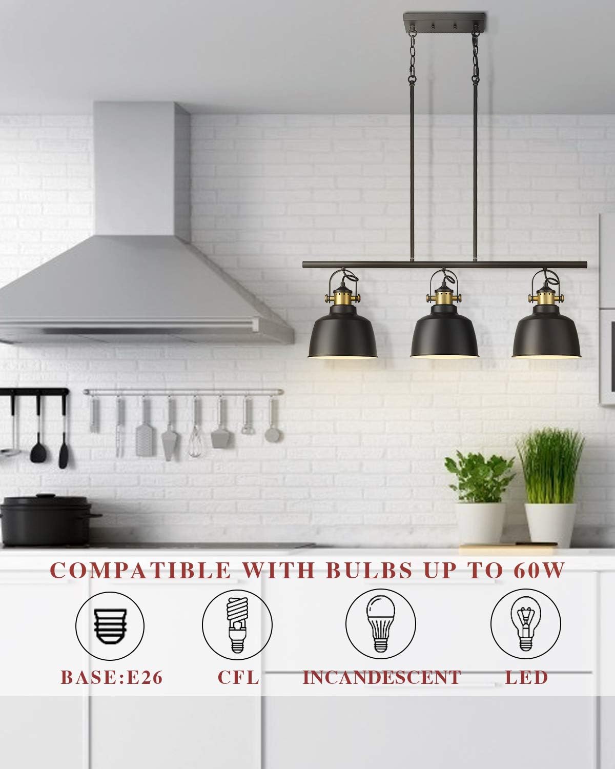 Autelo 3-Light Pendant Light, Industrial Kitchen Island Lighting Fixture with Black Metal Shade for Dining Room Kitchen H3700-3 BK - - 