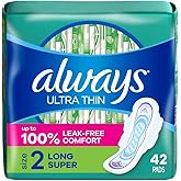 Always, Ultra Thin Pads For Women, Size 2, Long Super Absorbency With Wings, 42 Count