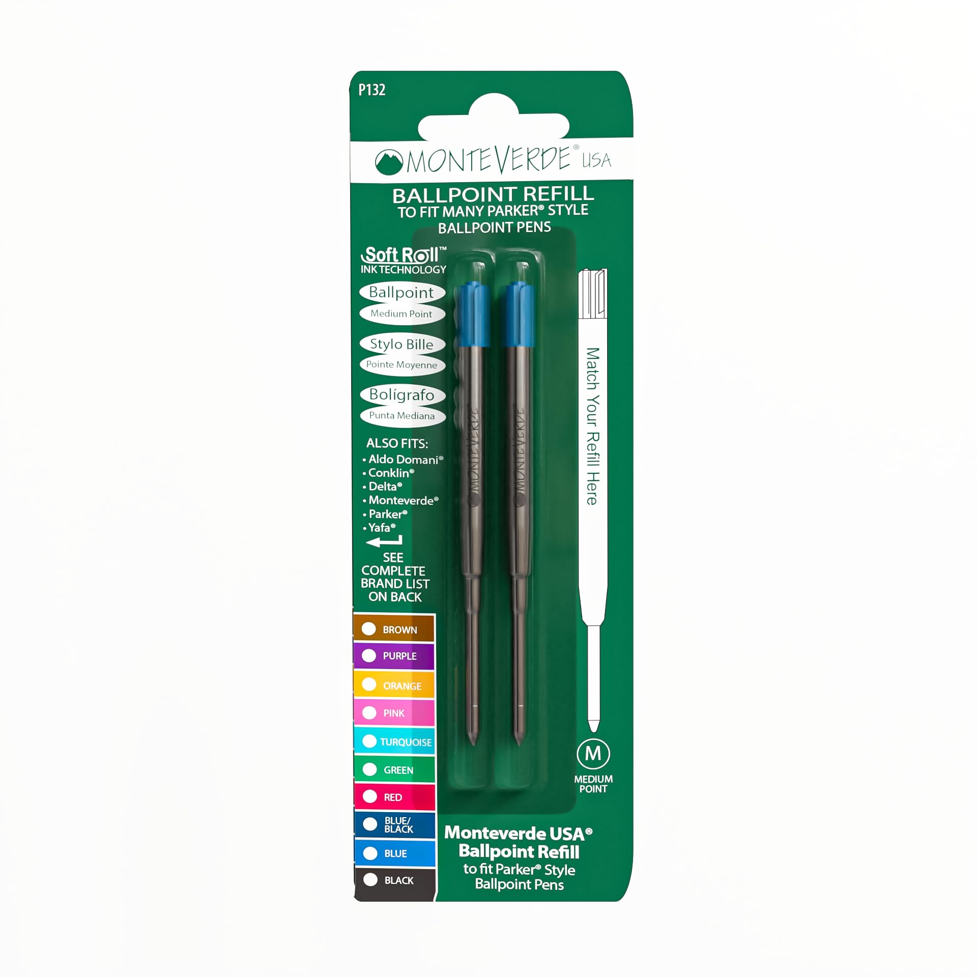 Monteverde Medium Ballpoint Soft Roll Refill for Parker Pens - Turquoise (Pack of 2)