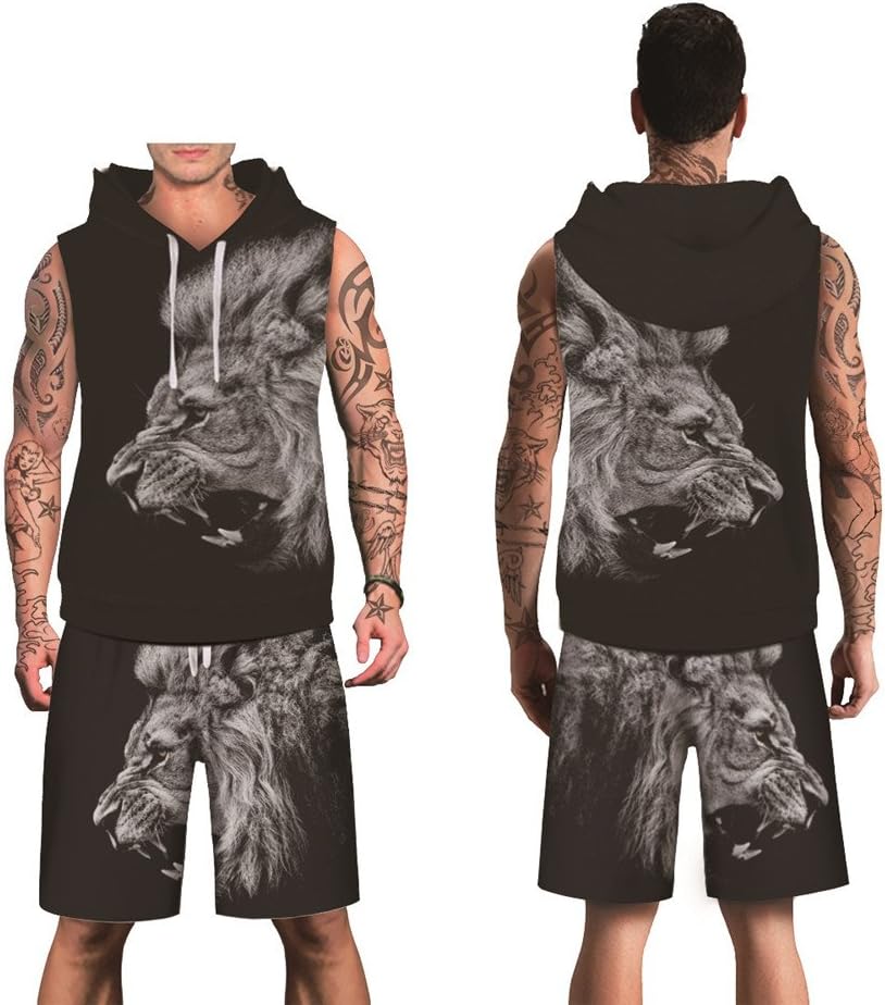 JJCat Men's 3D Digital Print Fitness Black Lions Heads Hooded Sleeveless Sports Sets