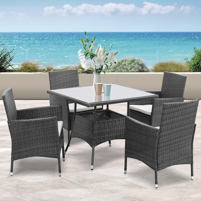 Solaste 5 Piece Outdoor Wicker Dining Set Furniture, Square Tempered