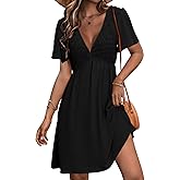 Simplee Womens Summer Casual Boho Dress V Neck Short Sleeve Party Mini Sundress A Line Cocktail Waist Pocket Dresses 2026