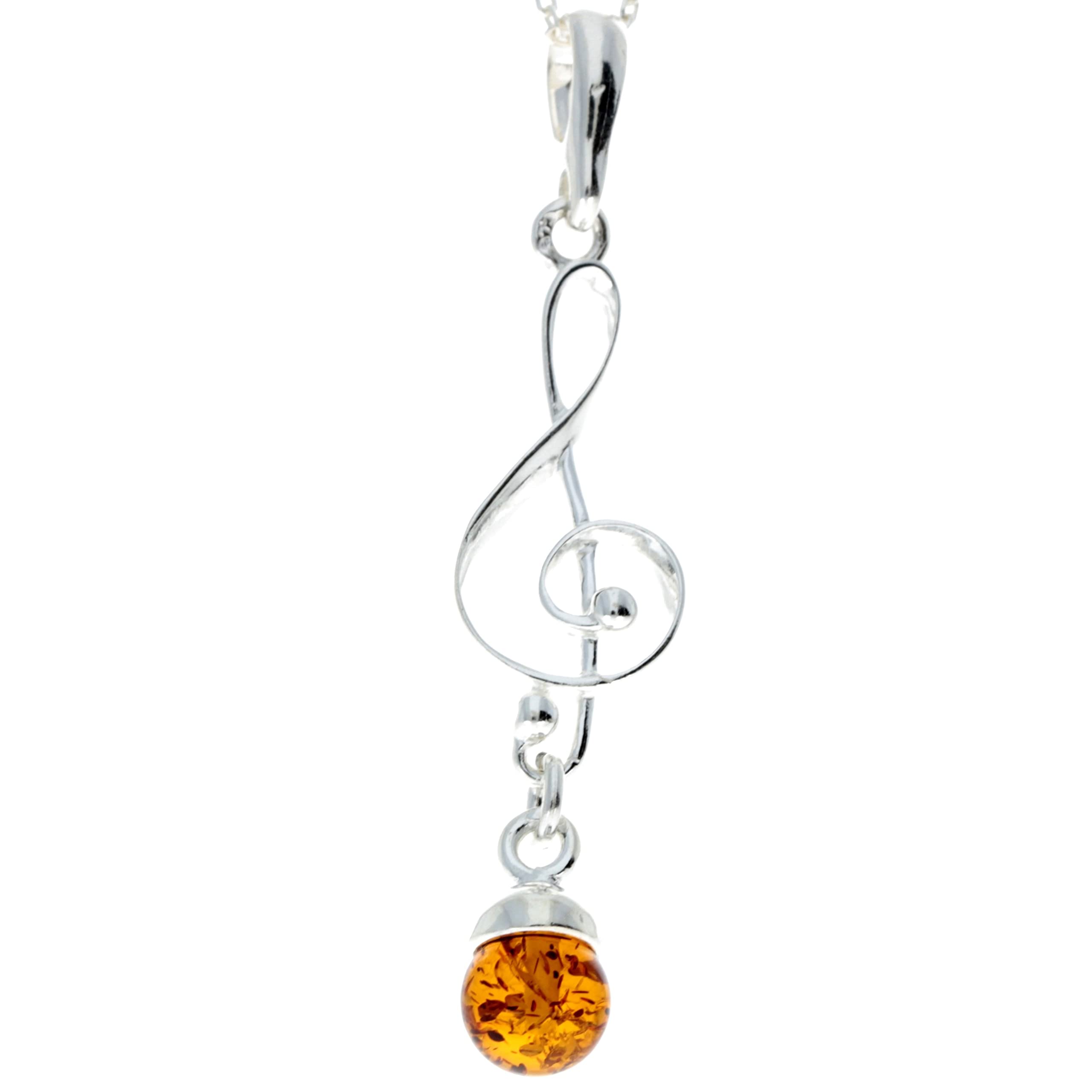 Genuine Cognac Baltic Amber & Sterling Silver Classic Treble Clef Pendant without Chain - 576