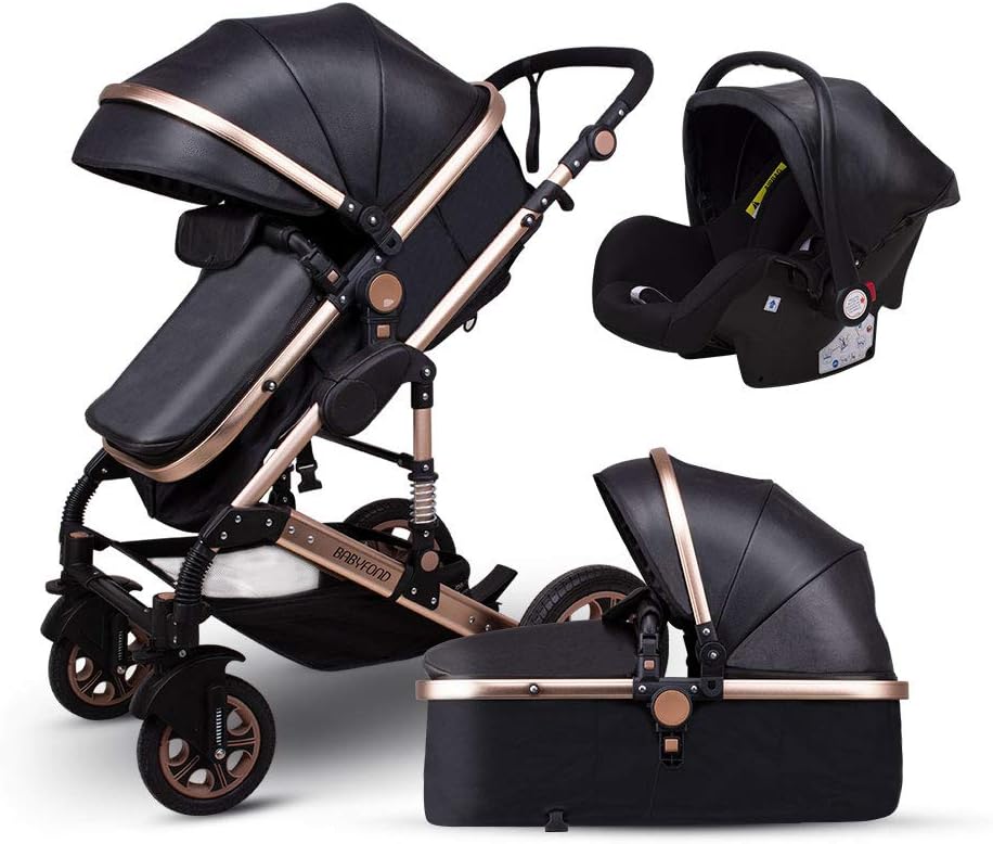 Babyfond 3 in 1 Newborn Baby Stroller,Luxury Infant Pram Pushchair High View Baby Stroller,Reinforced Convertible Carriage,Sturdy Constructure Aluminum Frame,Easy to Fold,Black PU Leather