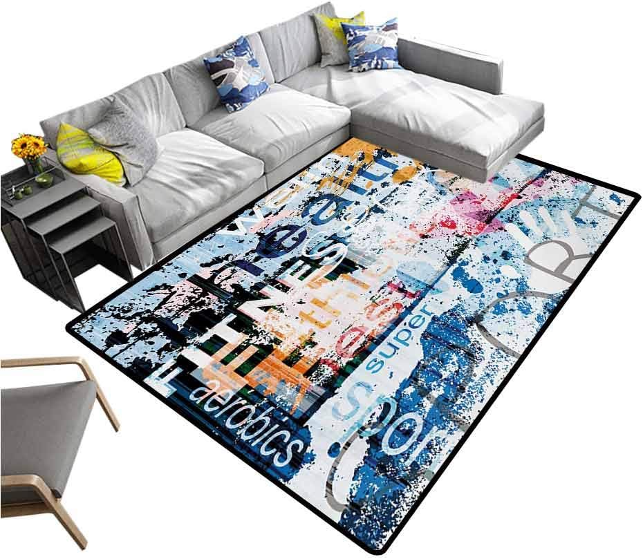 Fitness Area Rug Health Wellness Aerobics Sports Words Collection on Grunge Vintage Style Backdrop Bathroom Soft Durable Area Rug Multicolor (5'7"x6'6")