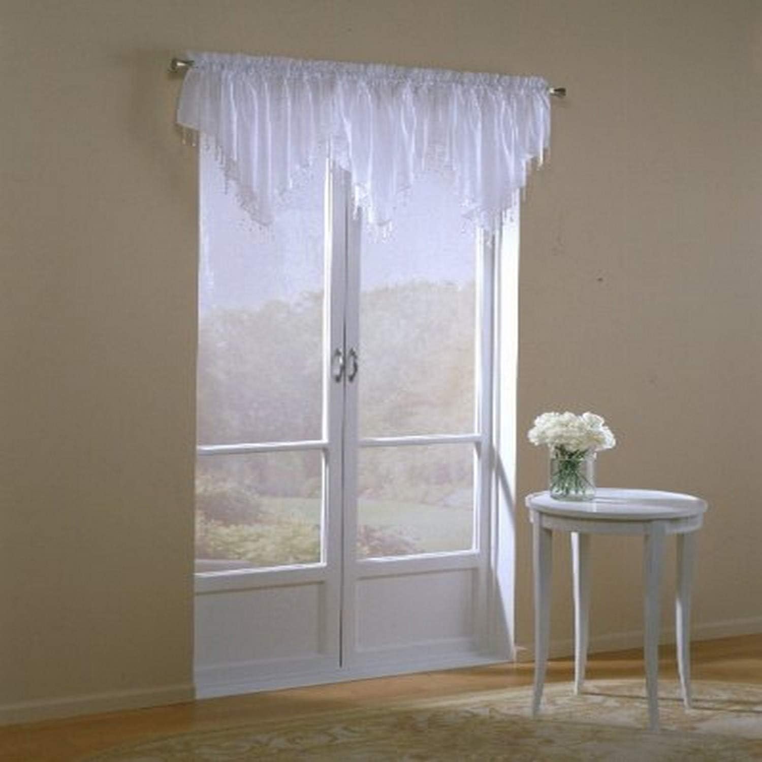 Easy Care Fabrics Sheer Beaded Window Valance Panel Treatment, 40 by 24-Inch, White