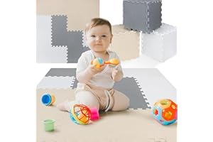 TOYVELT Foam Puzzle Floor Mat for Kids 12x12-16 Interlocking Play Mat Tiles with Colors - Educational Large Puzzle Foam Floor Tiles for Crawling, Non-Toxic - Cream-Gray-Beige