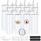 16 Pack Sublimation Tumblers Edge Blanks Skinny Straight Bulk 20 oz, Stainless Steel Double Wall Insulated Tumbler with Straw & Lids for Heat Transfer, White