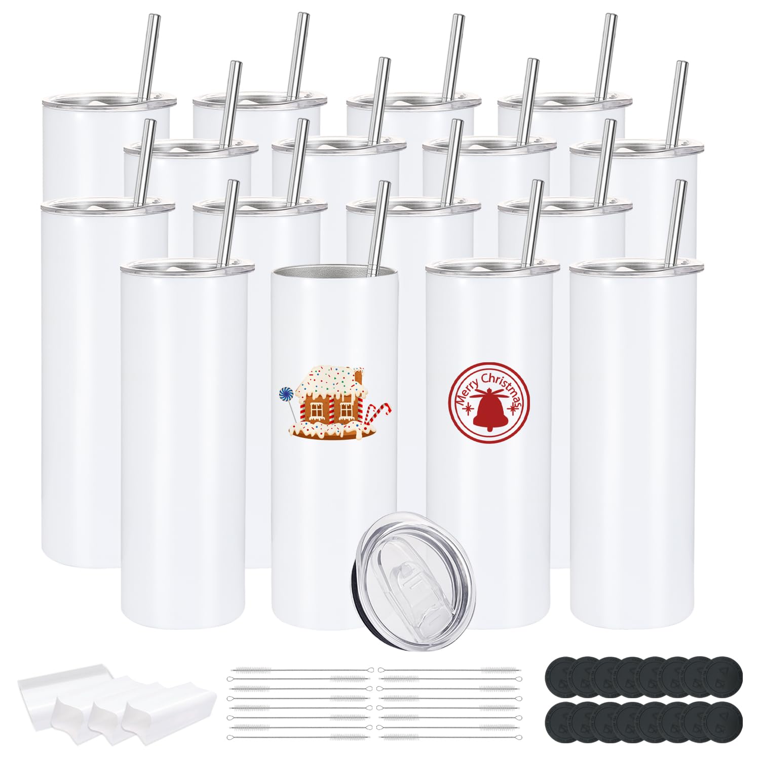Photo 1 of 16 Pack Sublimation Tumblers Edge Blanks Skinny Straight Bulk 20 oz, Stainless Steel Double Wall Insulated Tumbler with Straw & Lids for Heat Transfer, White