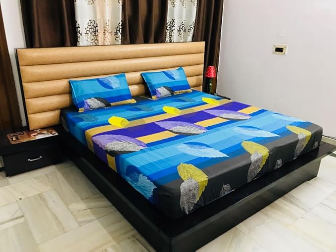 Magnetic Shadow Cotton Abstract Leaves Queen Size Elastic Fitted Bedsheets, 230 X 250cm(Multicolour)