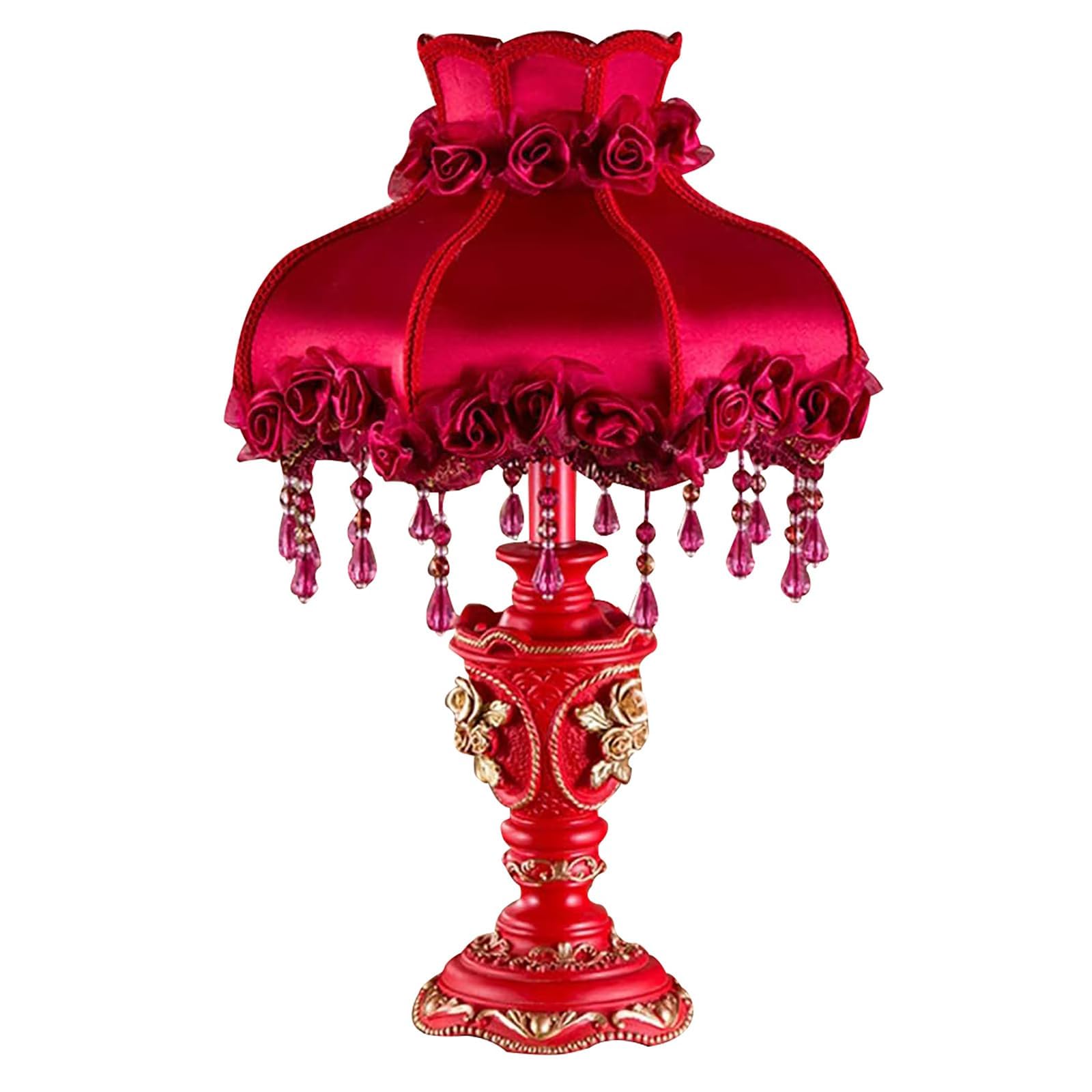 Photo 1 of Hwijk Victorian Lamp Antique Table Lamp,Vintage Fringe Lamp with Shade,European Pastoral Night Stand Flower Lamp Table Light for Bedroom Living Room(11.8" D x 11.8" W x 20.5" H, Red)