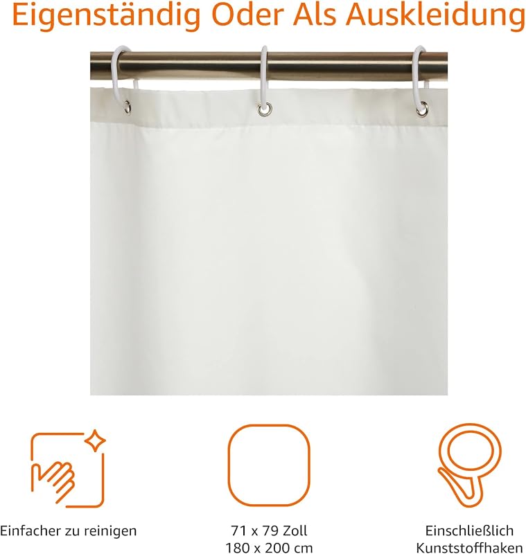 Duschvorhang, Wasser- und schimmelresistenter Stoff, Badezimmervorhang mit Ösen und Haken, maschinenwaschbar, 180 x 200 cm, Weiß — Foto 2 von 4