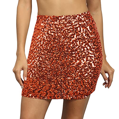PRETTYGUIDE WOMEN’S SEQUIN SKIRT STRETCHY BODYCON SHINY MINI SKIRT CLUB SKIRT XXL ORANGE