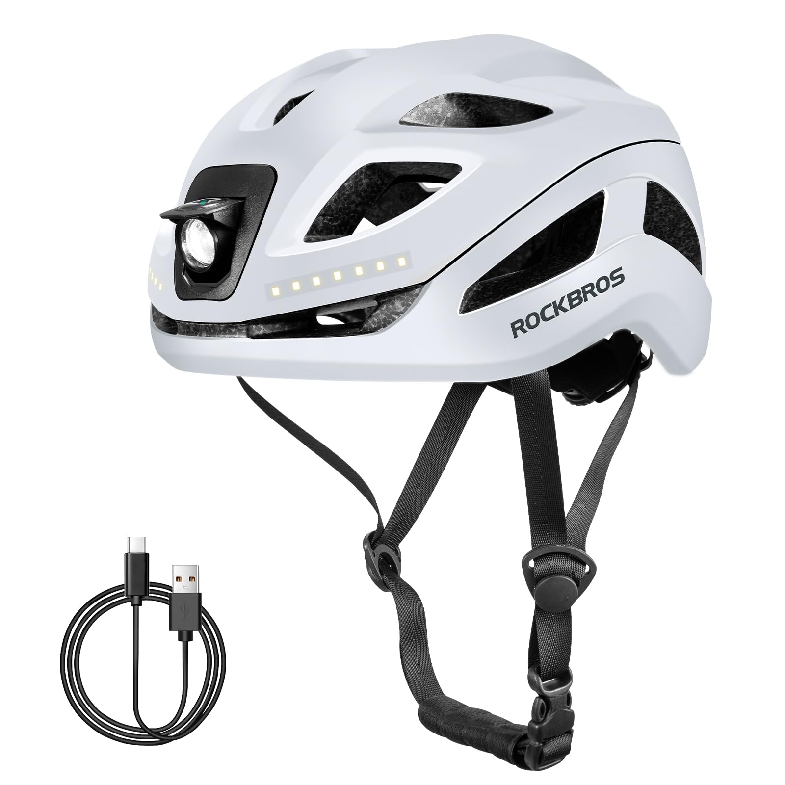 ROCKBROS Bike Helmet with USB Rechargeable Light Lightweight for Men Women Breathable MTB Mountain Bicycle Road Bike Cycling Adjustable Helmet 58-60CM White