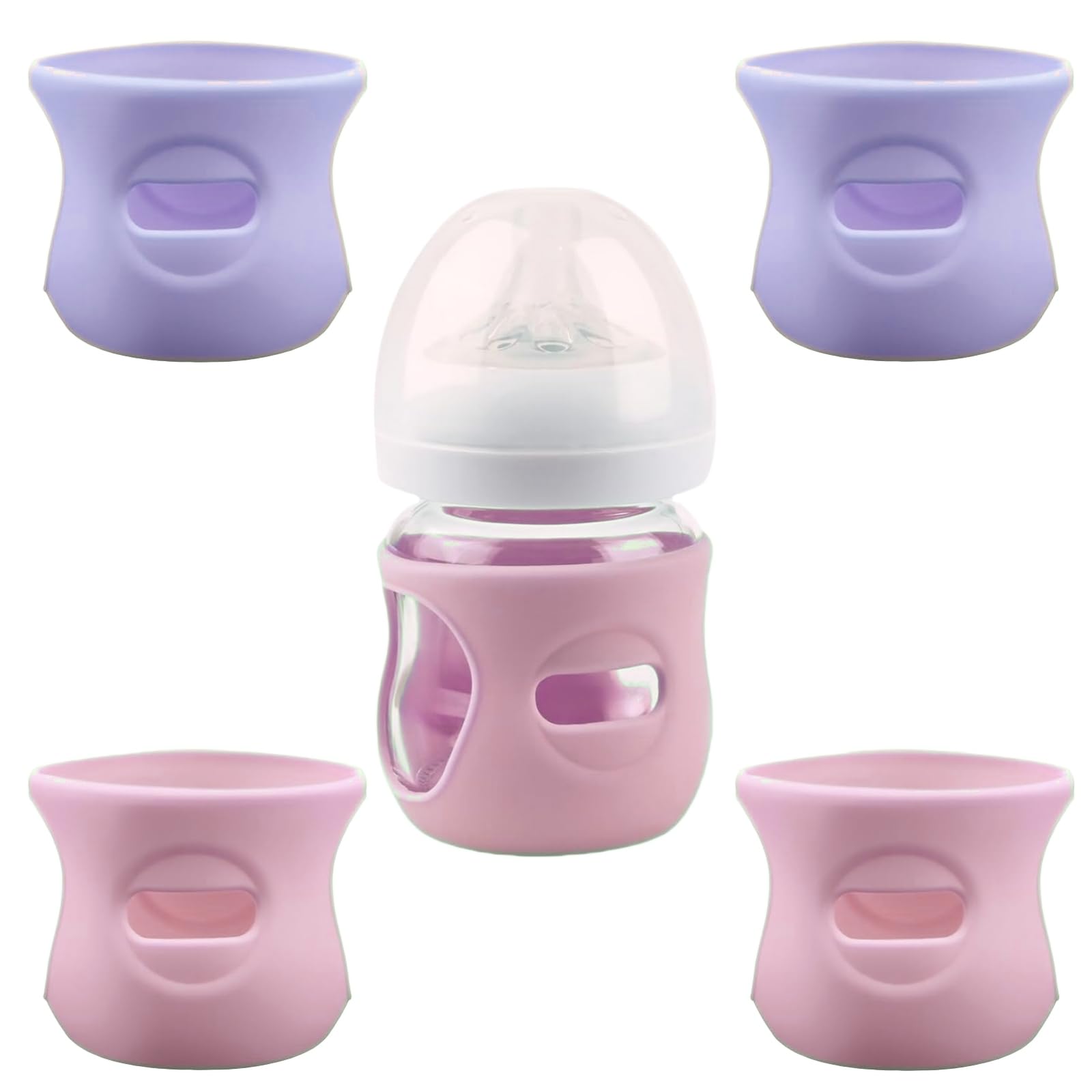 Photo 1 of QinSuiKai 4 Pack Silicone Sleeves for Avent Natural Glass Baby Bottles, Anti Breakage Baby Bottle Holder, Compatible with Philips Avent Glass Natural Baby Bottle, BPA Free (Pink Purple, 4 OZ)