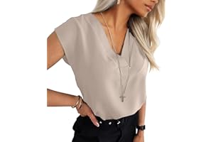 Qixing Women's V Neck Blouses Cap Sleeve Shirts Casual Loose Work Office Solid Tops