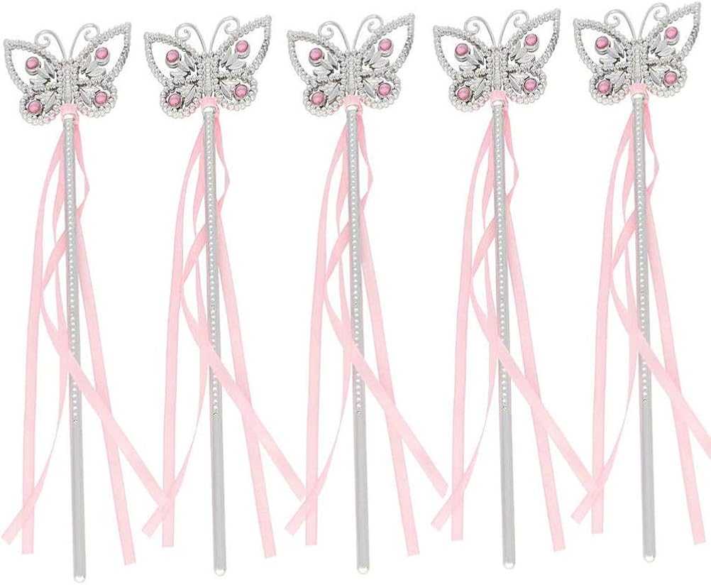 Tvoip 5Pcs 13 Inches Butterfly Princess Fairy Wand Girls Magic Ribbons Wands Streamers Costume Fancy Dress Props Pink Bachelor Party Favor