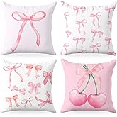 4 PCs Pillow Covers 18x18, Coquette Throw Pillow Covers, Pink Bow Decor Preppy Cherry Pillow Cases Aesthetic Bow Stuff Decorative Pillow Protectors Girls Room Bathroom Home Decor for Cushion Couch Bed