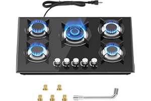 Argyolas 5 Burners Gas Stove 30inch, Built-in Kitchen Gas Stovetop with NG/LPG Conversion Kit, Glass Top Gas Burner (30in x 20.5in)