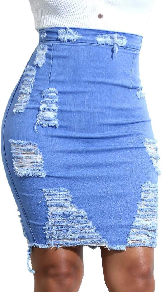 Vicbovo Clearance Women's Casual Denim Skirts Distressed Ripped High Waist Short Sexy Pencil Skirt Bodycon Dresses for Summer