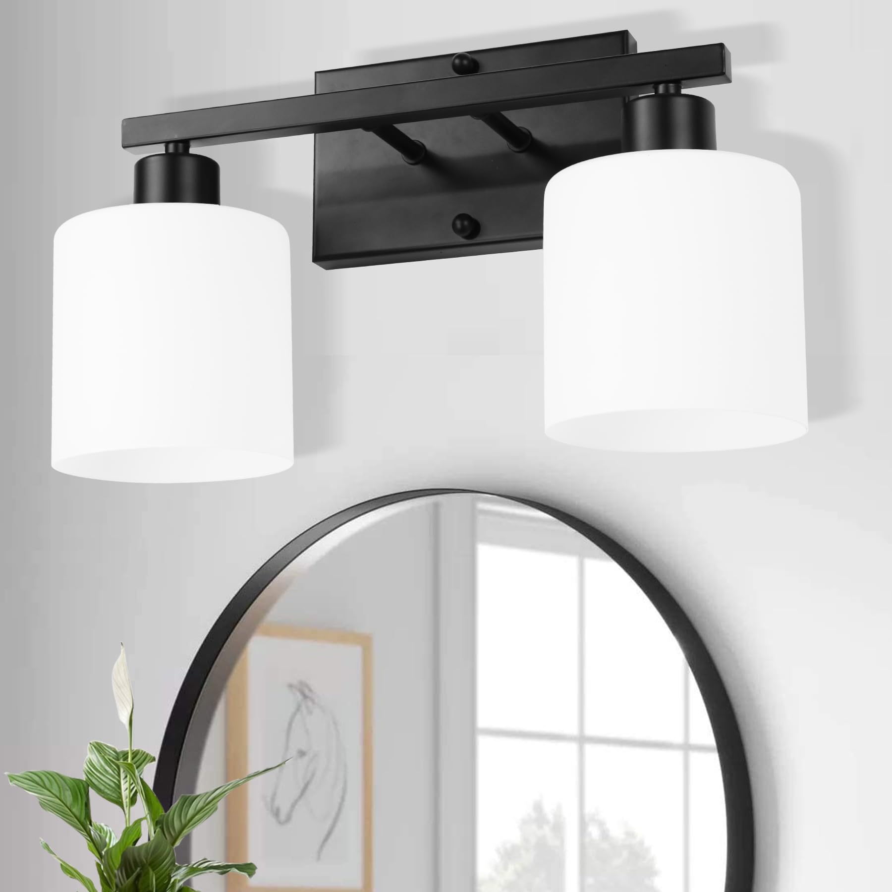 Photo 1 of SILAMPDI Black Bathroom Lighting Fixtures Over Mirror, Modern 2-Light Vanity Lights Fixtures Rustproof Wall Sconces Light for Bedroom, Hallway, Milky White Glass Shades, E26 Base, Bulbs Not Included