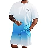 RoseSeek Men's Short Sets 2 Piece Outfits Tropical Graphic Tees and Shorts Sets Beach Vacation Outfits