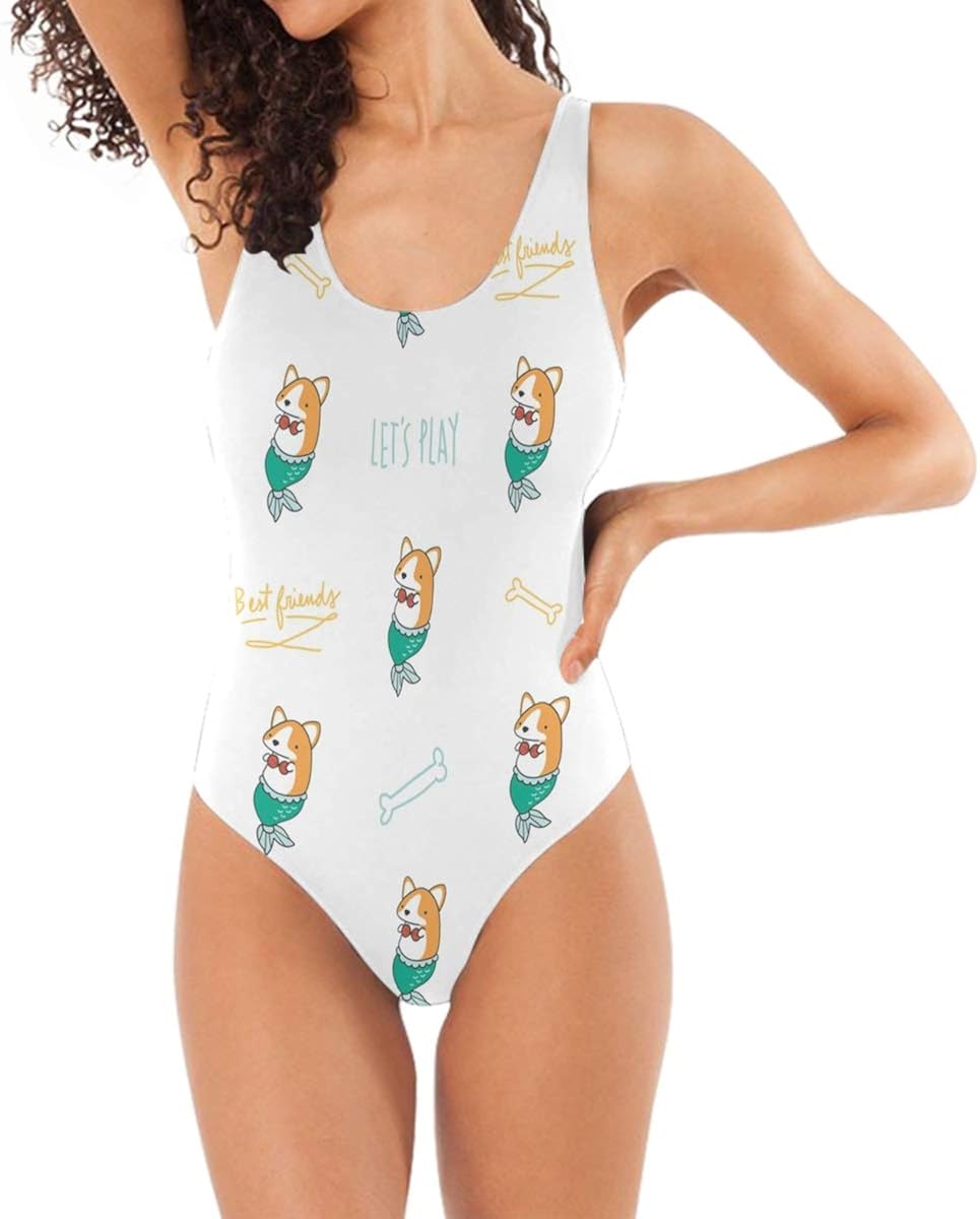 Womens Corgi Dog Fun One Piece Bikini Backless Monokini Bathing Suit 