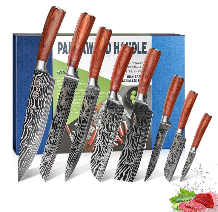VINNAR Chef knives Sets, 8 Pieces Japanese Professional Chef Knife Set, High Carbon Stainless Steel with Pakkawood Handle, Sharpest Cooking Knives, Best Choice for Home Kitchen and Restaurant